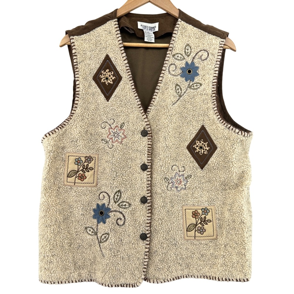 VTG Alfred Dunner Embroidered Floral Sherpa Faux Suede Vest Brown Cream SZ L Y2K